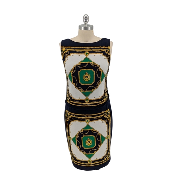 01436 Lauren Ralph Lauren Chain Print Knit Shift Dress Black Green size 10 prepp - Picture 1 of 7